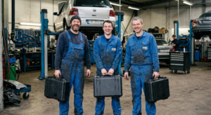 Drei lachende Mechaniker