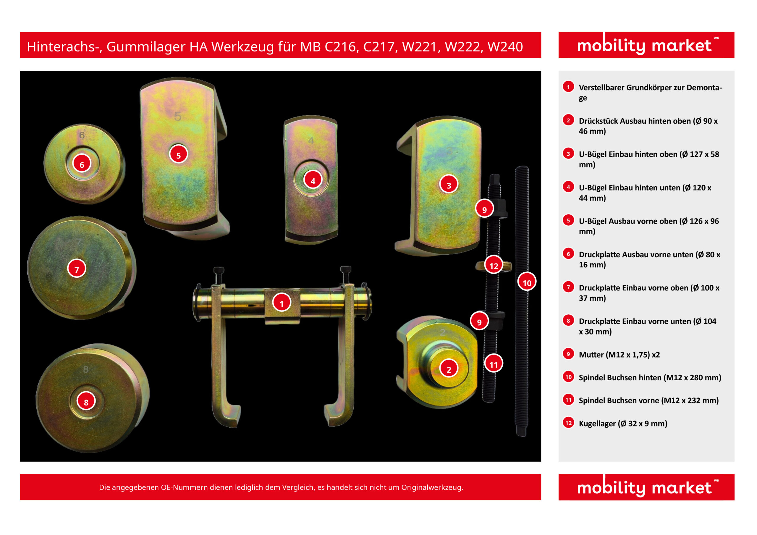 hinterachslager, gummilager ha, de /montagewerkzeug für mercedes c216, c217, w221, w222, w240
