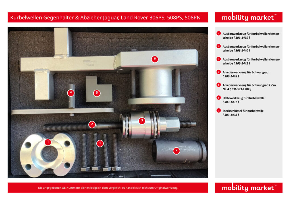 kurbelwellen gegenhalter und abzieher, für jaguar, land rover, 3.5l, 4.2l, 5.0l, 306ps, 508ps, 508pn